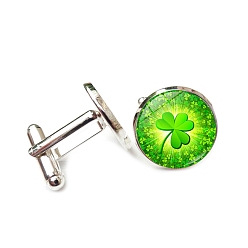 Lime Green Saint Patrick's Day Glass Cufflinks for Men, with Brass Finding, Half Round with Clover, Lime Green, 16mm