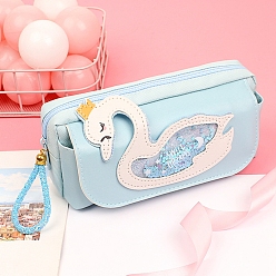 Swan Canvas Pencil Case Zipper Pouches, PU Leather Multi-Purpose Pen Holder, for Office & School Supplies, Rectangle, Swan, 210x90x70mm