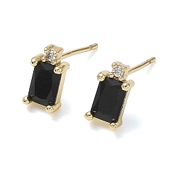 Black Brass Micro Pave Clear Cubic Zirconia Stud Earrings, Rectangle, Long-Lasting Plated, Rack Plating, Lead Free & Cadmium Free, Real 18K Gold Plated, Black, 9x5mm