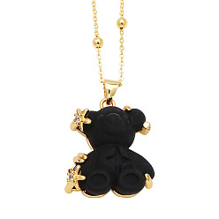 Black Resin Pendant Necklaces, with Brass Micro Pave Cubic Zirconia Finding, Bear, Black, 17.72 inch(45cm)