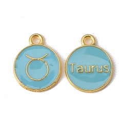 Taurus Alloy Enamel Pendants, Flat Round with Constellation/Zodiac Sign, Golden, Sky Blue, Taurus, 15x12x2mm, Hole: 1.5mm