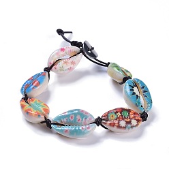 Colorful Printed Cowrie Shell Bead Bracelets, with Cowhide Leather Cord and 304 Stainless Steel Buttons, Colorful, 8-1/4 inch(21cm)