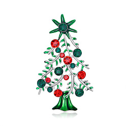 Green Christmas Tree Enamel Pin with Colorful Rhinestone, Platinum Alloy Brooch for Backpack Clothes, Green, 68x40mm