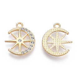 Light Gold Alloy Pendants, with Crystal Rhinestone, Cadmium Free & Lead Free, Moon with Star, Light Gold, 19.5x16.5x2mm, Hole: 1.8mm