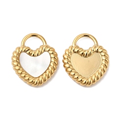 Real 14K Gold Plated Ion Plating(IP) 304 Stainless Steel Pendants, with White Shell, Heart Charm, Real 14K Gold Plated, 17.5x15x3mm, Hole: 6x4.5mm
