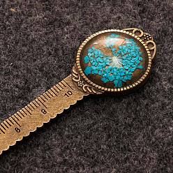 Dark Turquoise Alloy Ruler Bookmark, Glass Cabochon Bookmark with Dried Queen Anne's Lace Flower Inside, Dark Turquoise, 120mm
