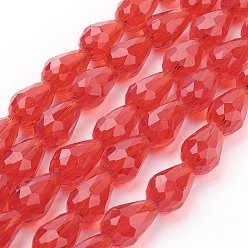 Red Glass Beads Strands, Faceted, teardrop, Red, 6x4mm, Hole: 1mm, about 65~68pcs/strand, 14.96~15.35 inch
