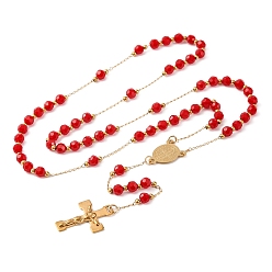 Оранжево-Красный Ионное покрытие(ip) распятие крест 304 четки из нержавеющей стали, с акриловыми шариками, оранжево-красный, 25.98 дюйм (66 см)