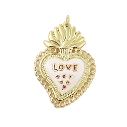 Белый Подвески из латуни с эмалью в стойку, с целью перехода в кольце, долговечный, без кадмия и без свинца, реальный 18 k позолоченный, Священное сердце со словом «любовь», белые, 36.5x25.5x4 мм, отверстие : 3 мм
