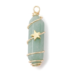 Green Aventurine Natural Green Aventurine Copper Wire Wrapped Pointed Pendants, Faceted Bullet Charms with Golden Tone Brass Star Beads, 34.5~37x10.5x12mm, Hole: 2.7mm