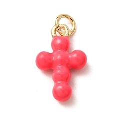 Cerise Brass Pendants, with Enamel, Cross Charms, Rack Plating, Long-Lasting Plated, Lead Free & Cadmium Free, Real 18K Gold Plated, Cerise, 17.5x11x4mm, Hole: 3mm