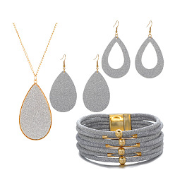Silver Textured Imitation Leather Teardrop Pendant Necklace & Dangle Earrings & Multi-Strand Bracelet, Golden Alloy Jewelry Set for Women, Light Grey, 850mm, 78x37mm, 80x39mm, 192mm In Diameter
