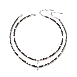 Black 2Pcs 2 Style Clear Cubic Zirconia Moon & Star Charm Necklaces Set, Natural Smoky Quartz & Lava Rock Beaded Chains Stackable Necklaces for Women, Black, 16.30~16.61 inch(41.1~42.2cm), 1Pc/style
