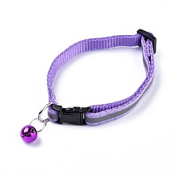 Lilac Adjustable Polyester Reflective Dog/Cat Collar, Pet Supplies, with Iron Bell and Polypropylene(PP) Buckle, Lilac, 21.5~35x1cm, Fit For 19~32cm Neck Circumference