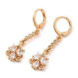 Clear Rack Plating Golden Brass Dangle Leverback Earrings, with Cubic Zirconia, Flower, Clear, 38x10mm