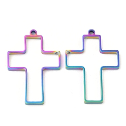 Rainbow Color 304 Stainless Steel Open Back Bezel Cross Pendants, For DIY UV Resin, Epoxy Resin, Pressed Flower Jewelry, Rainbow Color, 39.5x27.5x3mm, Hole: 2.2mm, Inner Diameter: 34x25mm