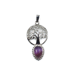 Amethyst Natural Amethyst Teardrop Pendants, Tree of Life Charms with Platinum Plated Metal Findings, 49x26mm