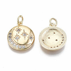 Real 18K Gold Plated Brass Micro Pave Clear Cubic Zirconia Pendants, Nickel Free, with Jump Rings, Flat Round with Moon & Star, Real 18K Gold Plated, 16.5x14.5x2.5mm, Jump Ring: 5x0.7mm, 3mm inner diameter