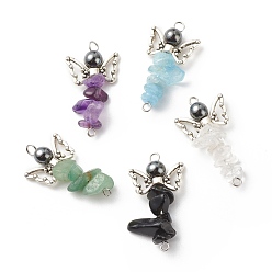 Mixed Stone Natural Mixed Stone Chip Beaded Connecter Charms, with Antique Silver & Platinum Tone 304 Stainlesss Steel & Alloy Findings & Non-Magnetic Synthetic Hematite, Angel, 33~33.5x18x4~15mm, Hole: 2mm