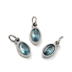 Pale Turquoise 304 Stainless Steel Pendants, with Cubic Zirconia and Jump Rings, Single Stone Charms, Oval, Stainless Steel Color, Pale Turquoise, 10x5x3mm, Hole: 3.4mm