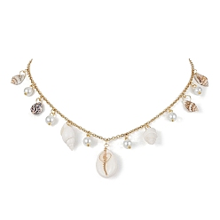 Golden Natural Spiral Shell & Glass Pearl Charms Bib Necklace, Golden, 15.94 inch(40.5cm)