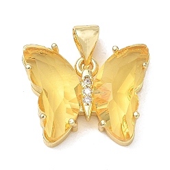 Gold Brass Micro Pave Clear Cubic Zirconia Pendants, with Glass, Butterfly Charms, Lead Free & Cadmium Free, Long-Lasting Plated, Rack Plating, Real 18K Gold Plated, Gold, 15x19x5mm, Hole: 5x3.5mm