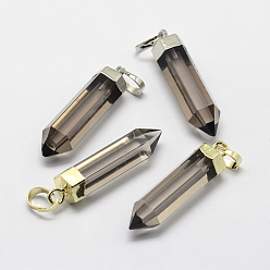 Mixed Color Natural Smoky Quartz Pointed Pendants, with Brass Findings, Dyed & Heated, Long-Lasting Plated, Bullet, Mixed Color, 28.5~29x6.5mm, Hole: 3.5x6mm