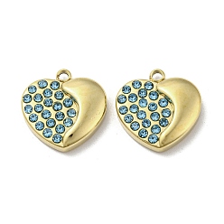 Aquamarine Real 14K Gold Plated 304 Stainless Steel Charms, with Rhinestone, Heart, Aquamarine, 13.5x13x3mm, Hole: 1.4mm
