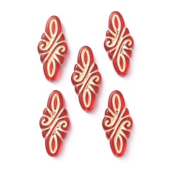 Red Plating Acrylic Beads, Metal Enlaced, Rhombus with Floral, Red, 29.5x14x5.5mm, Hole: 1.4mm, about 346pcs/500g