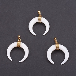 White Shell Natural White Shell Mother of Pearl Shell Pendants, with Golden Tone Brass Bail, Crescent Moon/Double Horn, 33x30x8.5mm, Hole: 5x8mm