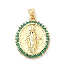 Зеленый Латунные микро проложить кубического циркония подвески, овал с подвесками Девы Марии, долговечный, без кадмия и без свинца, реальный 18 k позолоченный, зелёные, 26x20x3 мм, отверстие : 4x3 мм