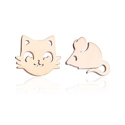 Rose color Cute Asymmetric Cat Mouse Earrings Stainless Steel Animal Studs for Women Best Friends