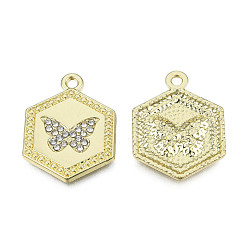 Light Gold Rack Plating Alloy Pendants, with Crystal Rhinestone, Hexagon with Butterfly, Cadmium Free & Nickel Free & Lead Free, Light Gold, 24x18x2mm, Hole: 1.8mm
