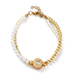 Плоский Круглый Латунь многожильных браслеты, браслеты со стразами для женщин, ионное покрытие (ip), с пластиковой имитацией жемчуга и 304 карабином из нержавеющей стали, реальный 18 k позолоченный, плоско-круглые, 7-1/4 дюйм(18.4см)+30удлинитель мм