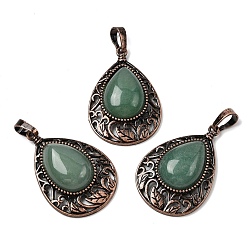 Зеленый Авантюрин Подвески-капли из натурального зеленого авантюрина, с винтажной латунной рамкой красного медного оттенка, 34.5x23.5x7.5 мм, отверстие : 8x5 мм