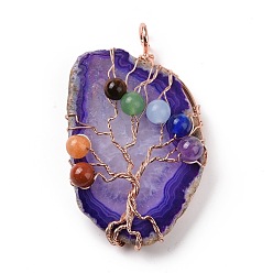 Purple Natural Agate Big Pendants, with Rack Plating Brass Wires, Chakra Gemstone Beads, Cadmium Free & Lead Free, Dyed & Heated, Nuggets with Tree, Rose Gold, Purple, 58~62x37~47x13~14mm, Hole: 4~6mm