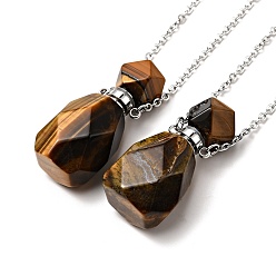 Tiger Eye Openable Faceted Natural Tiger Eye Perfume Bottle Pendant Necklaces for Women, 304 Stainless Steel Cable Chain Necklaces, Stainless Steel Color, 18.54 inch(47.1cm)