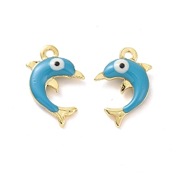 Steel Blue Brass Enamel Pendants, Real 18K Gold Plated, Dolphin with Evil Eye, Steel Blue, 12.5x8x3mm, Hole: 1mm