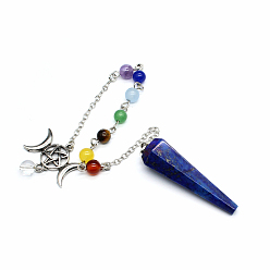 Lapis Lazuli Natural Lapis Lazuli Dowsing Pendulums, with Alloy Triple Moon Pentacle & Gemstone Beads & Brass Chain, Hexagonal Cone Pendant, 200mm