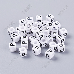 Letter P Акриловые бусины с горизонтальными отверстиями, с эмалью, кубические, Письмо P, 6x6x6 мм, отверстие : 3.2 мм