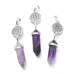 Amethyst Natural Amethyst Pointed Big Pendants, with Platinum Plated Brass Findings, Faceted, Bullet & Flower of Life, 59~67x14~15mm, Hole: 7x5mm