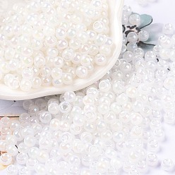 White 6/0 Opaque Colours Rainbow Plated Round Glass Seed Beads, White, 4x3mm, Hole: 1.2mm, about 7200pcs/pound