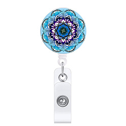 Deep Sky Blue ABS Plastic Retractable Badge Reels, Card Holders, with Platinum Clips, ID Badge Holder for Nurses, Flat Round with Mandala Pattern, Deep Sky Blue, 85mm