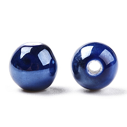 Prussian Blue Pearlized Handmade Porcelain Round Beads, Prussian Blue, 8mm, Hole: 2mm