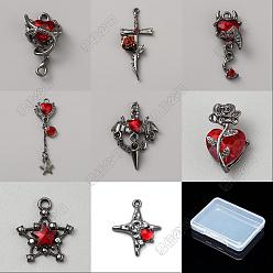 Mixed Shapes 16 pièces 8 styles pendentifs en alliage et résine avec strass, gris anthracite, formes mixtes, 17.5~52x11.5~20x4~11mm, Trou: 1.2~2mm, 2 pcs / style