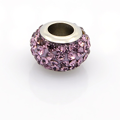 Light Amethyst 304 Stainless Steel Polymer Clay Rhinestone European Beads, Large Hole Rondelle Beads, Light Amethyst, 12.5x8mm, Hole: 5mm