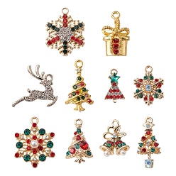 Mixed Color 10Pcs 10 Style Rack Plating Alloy Pendants, with ABS Plastic Imitation Pearl and Rhinestone, Christmas Tree & Gift Box & Snowflake & Bell & Deer, Mixed Color, 17~26x10~19.5x2~5.5mm, hole: 1.5~3mm, 1Pc/style