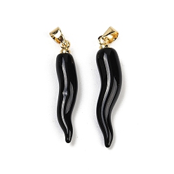 Black Handmade Lampwork with Brass Pendants, Horn of Plenty Charms, Black, 26.5x6.5x6.5mm, Hole: 5x3.5mm