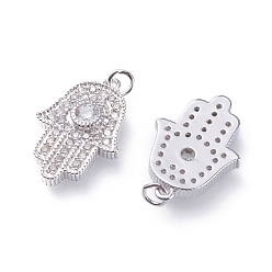 Platinum Brass Micro Pave Cubic Zirconia Pendants, with Soldered Jump Rings, Hamsa Hand/Hand of Fatima/Hand of Miriam, Clear, Platinum, 18x12x3mm, Hole: 2.2mm