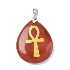 Красный Камень Подвески-кресты анкхи из натуральной красной яшмы с гравировкой, подвески-слезинки с латунными скобами для крепления на стойке, без кадмия и без свинца, платина, 31x25x5~7 мм, отверстие : 4.5x4 мм
